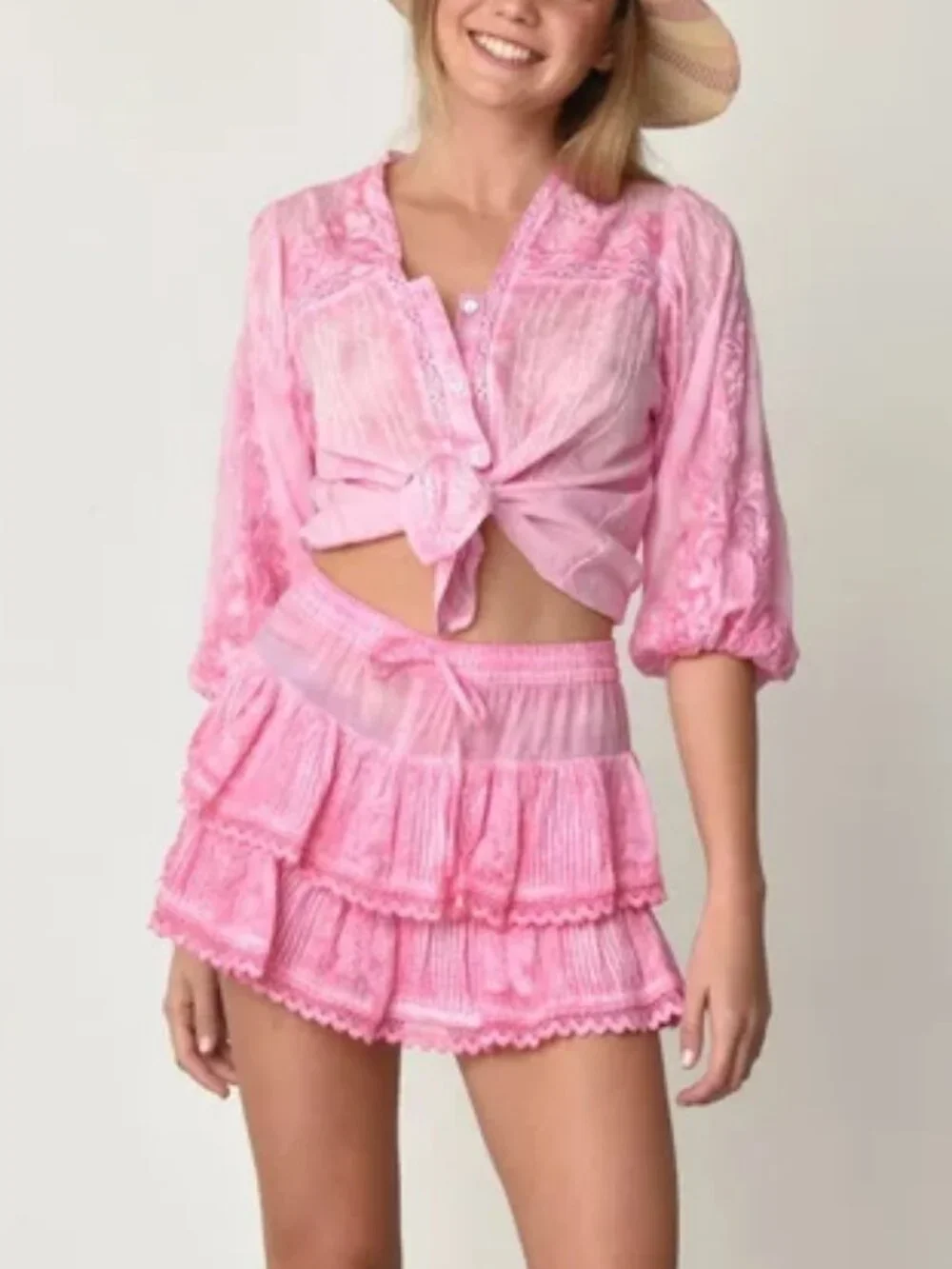 Muche & Muchette Coquette Skort skirt & top dress set blouse Pink embroidered